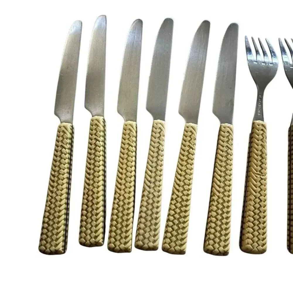 Faux Weaved Bamboo Flatware Lot Of 14